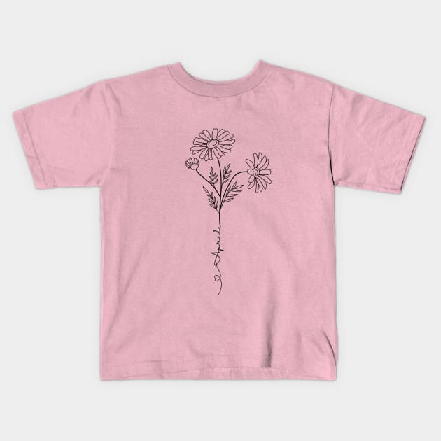 Minimalist  Boho Line Art Daisy April Birth Flower Kids T-Shirt by Tina